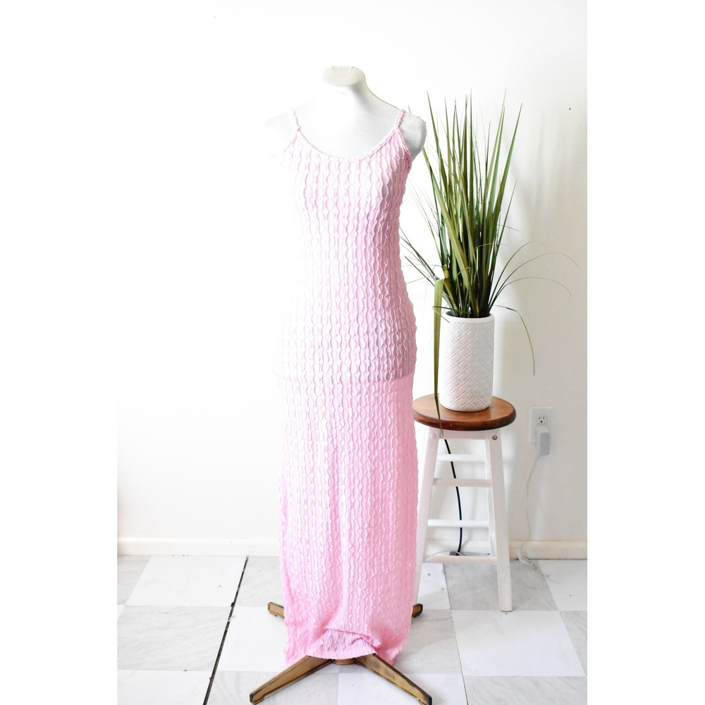 Popcorn Maxi Dress Womens S Pink Y2K Open Back Semi Sheer Stretch